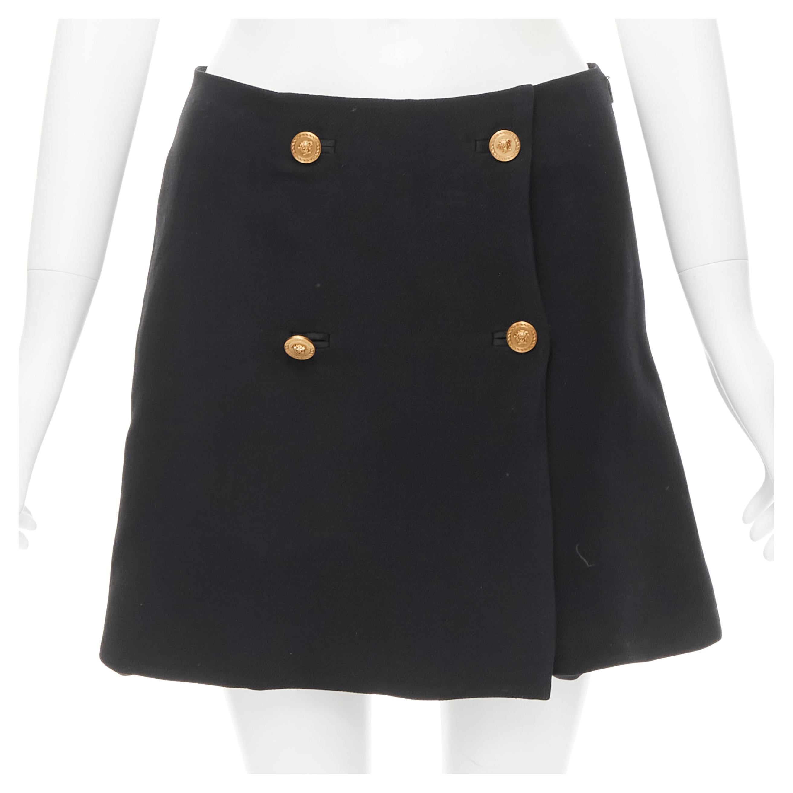 VERSACE black wool crepe gold Medusa button double breasted mini skirt IT38 XS