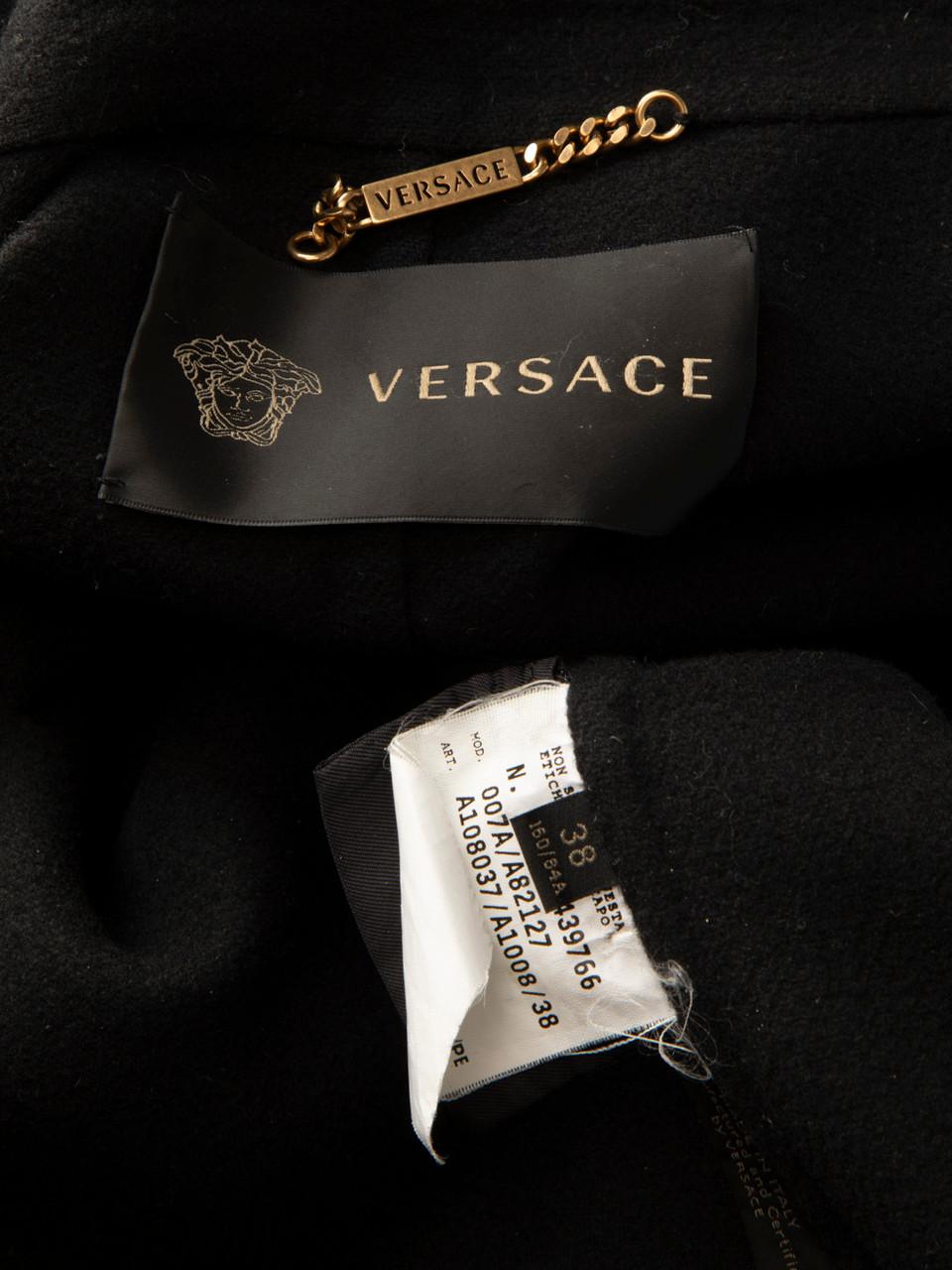 Versace Cappotto in lana nera con pelle goffrata taglia XS in vendita 3