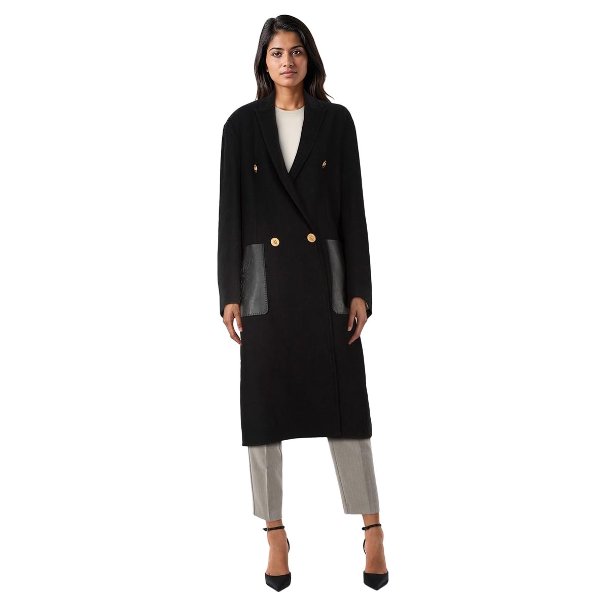 Versace Cappotto in lana nera con pelle goffrata taglia XS in vendita