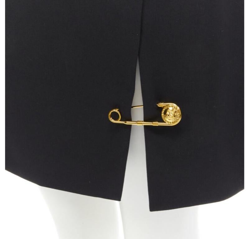 VERSACE black wool gold Medusa safety pin high slit mini skirt IT42 M For Sale 3