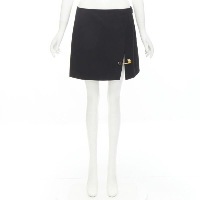 VERSACE black wool gold Medusa safety pin high slit mini skirt IT42 M 2