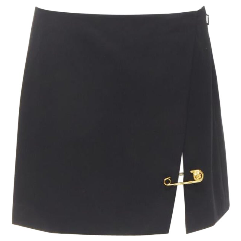 VERSACE black wool gold Medusa safety pin high slit mini skirt IT42 M