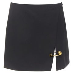 VERSACE black wool gold Medusa safety pin high slit mini skirt IT42 M