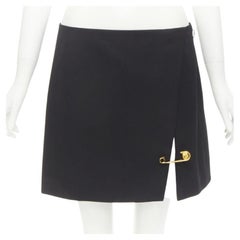 VERSACE black wool gold Medusa safety pin high slit mini skirt IT42 M