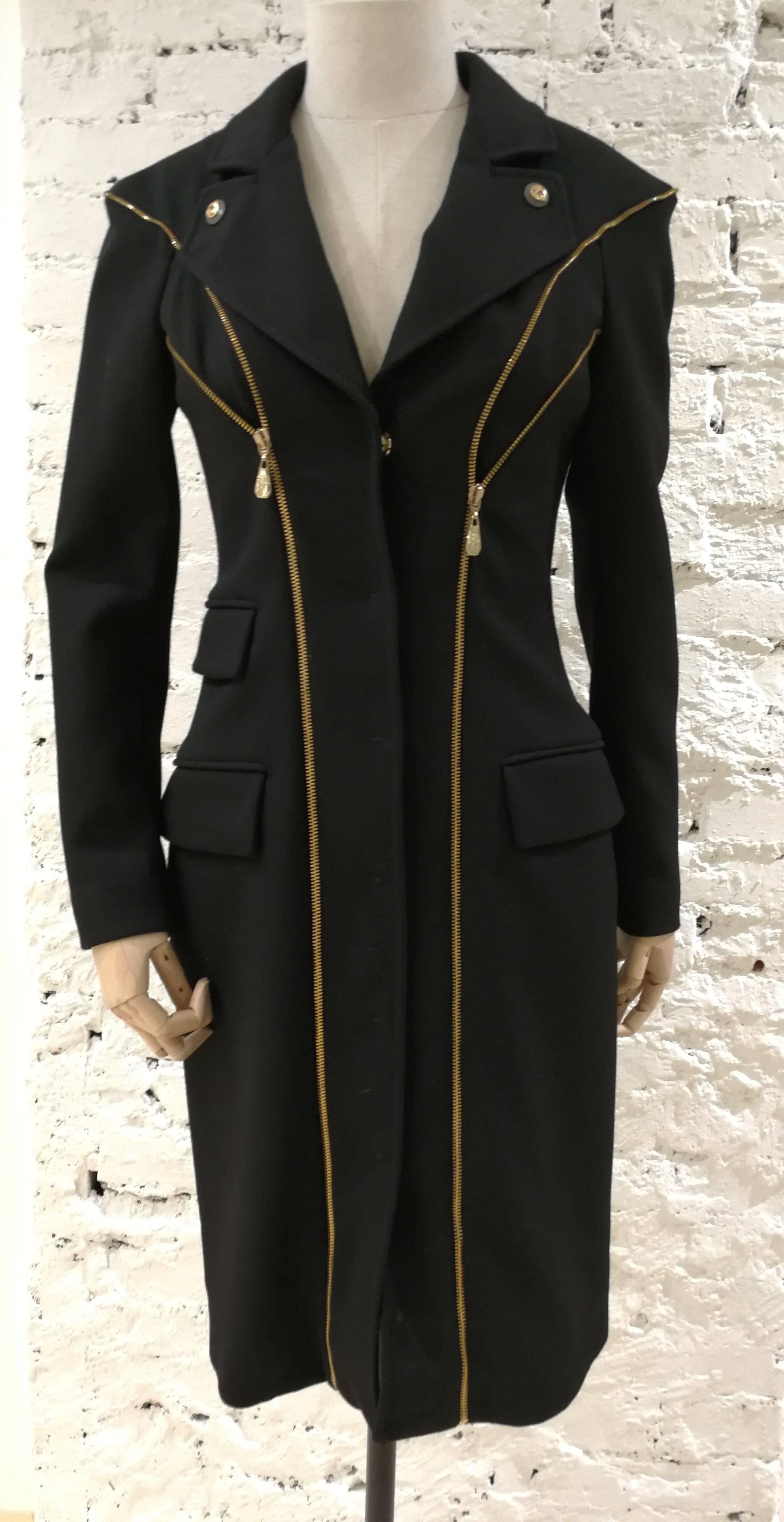Versace - Manteau zippé en laine noire et or  en vente 2