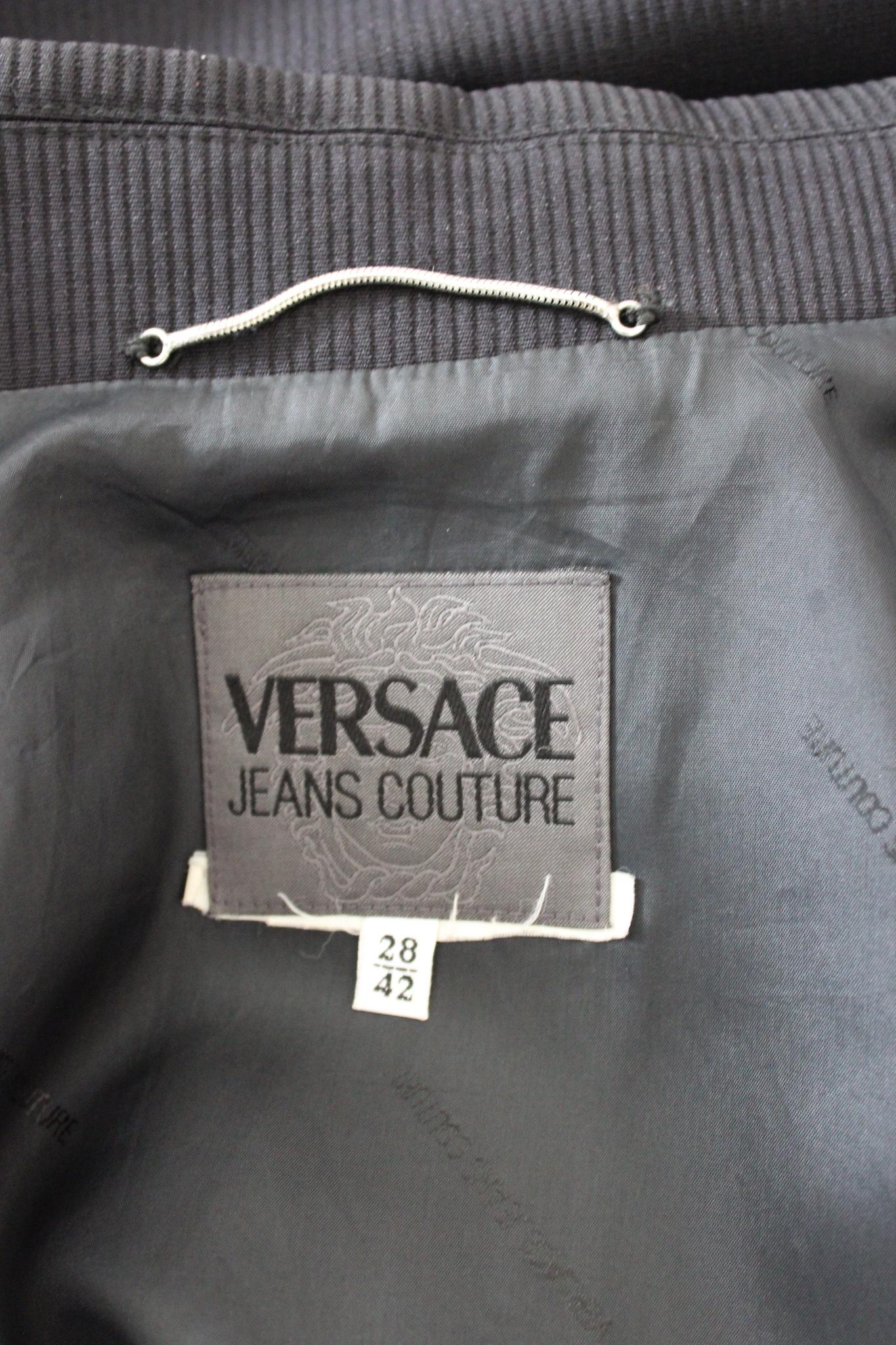 Versace Black Wool Pinstripe Long Coat For Sale 2