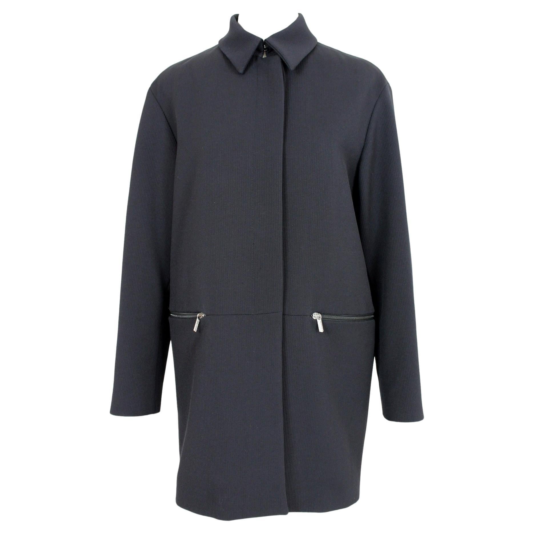 Versace Black Wool Pinstripe Long Coat