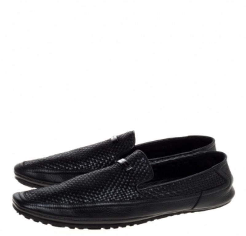 Versace Black Woven Leather Slip On Loafers Size 40 For Sale 1