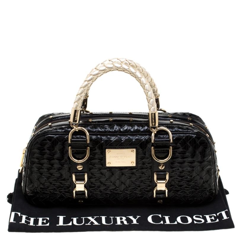 Versace Black Woven Patent Leather Snap Out Of It Satchel 7