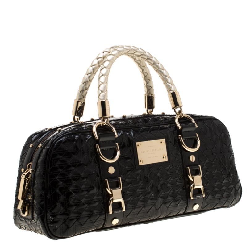 Women's Versace Black Woven Patent Leather Snap Out Of It Satchel