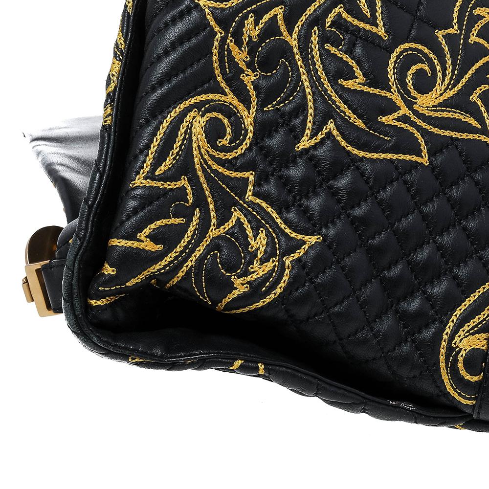 Women's Versace Black/Yellow Barocco Leather Floral Stitch Top Handle Bag