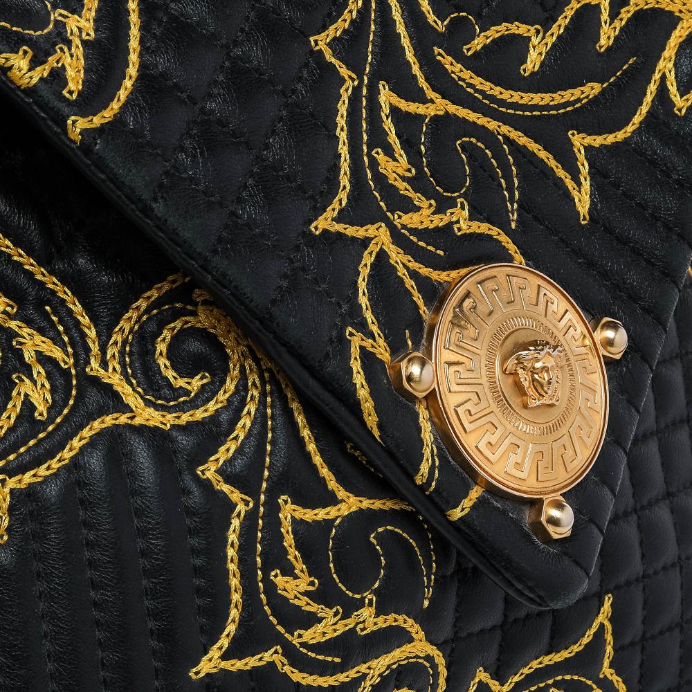 Versace Black/Yellow Barocco Leather Floral Stitch Top Handle Bag 2