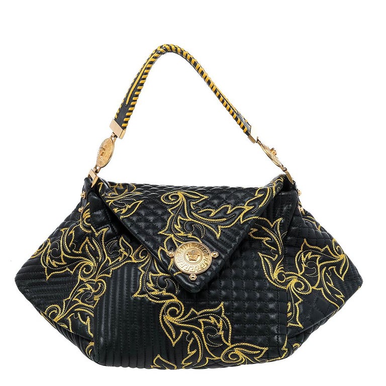 Versace Black/Yellow Barocco Leather Floral Stitch Top Handle Bag at 1stDibs