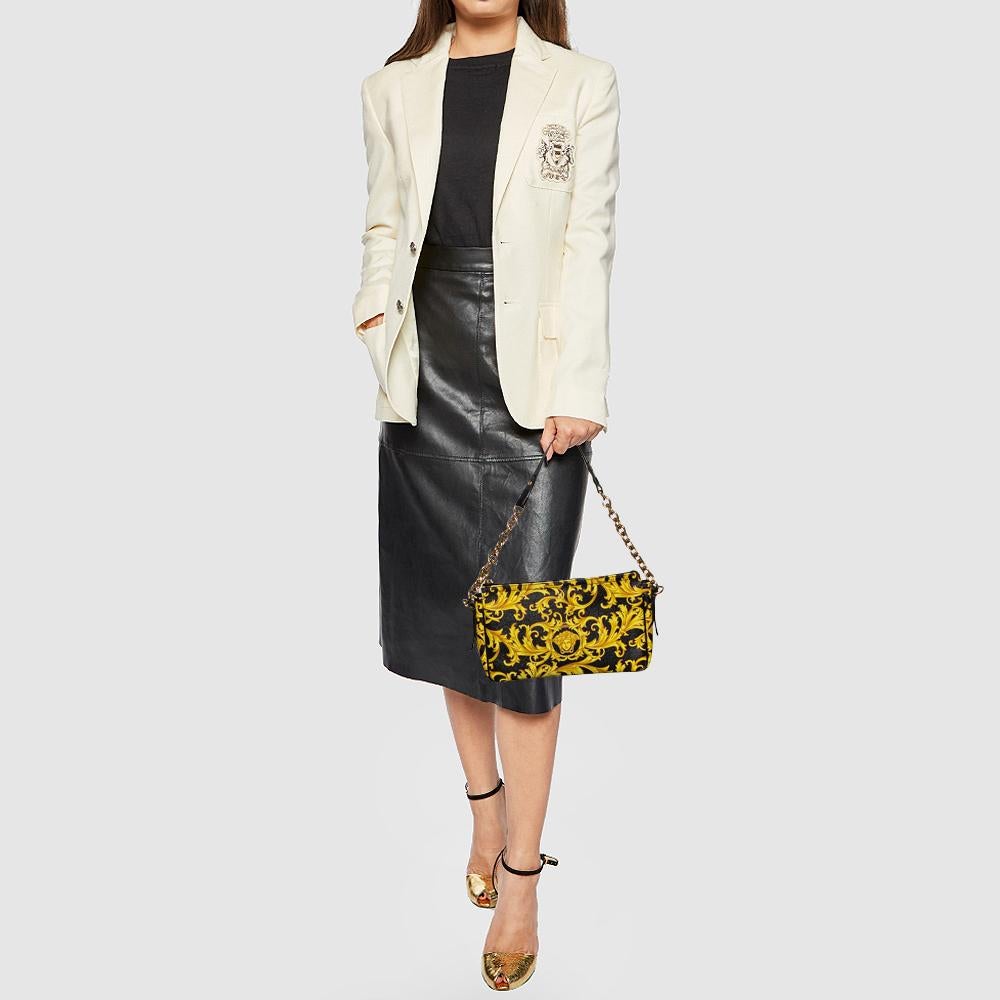 Beige Versace Black/Yellow Barocco Medusa Print Leather Chain Shoulder Bag