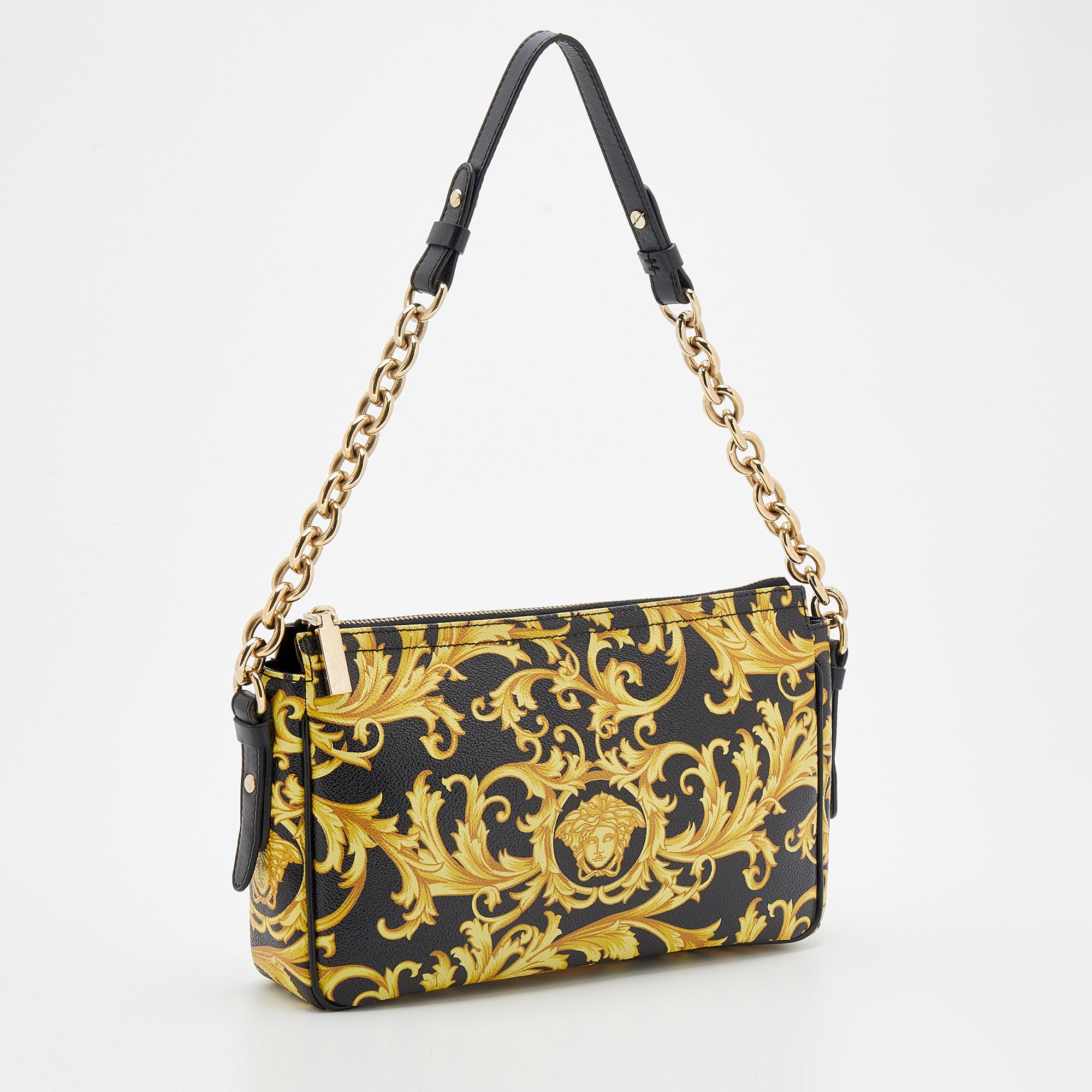 Versace Black/Yellow Barocco Medusa Print Leather Chain Shoulder Bag In Good Condition In Dubai, Al Qouz 2