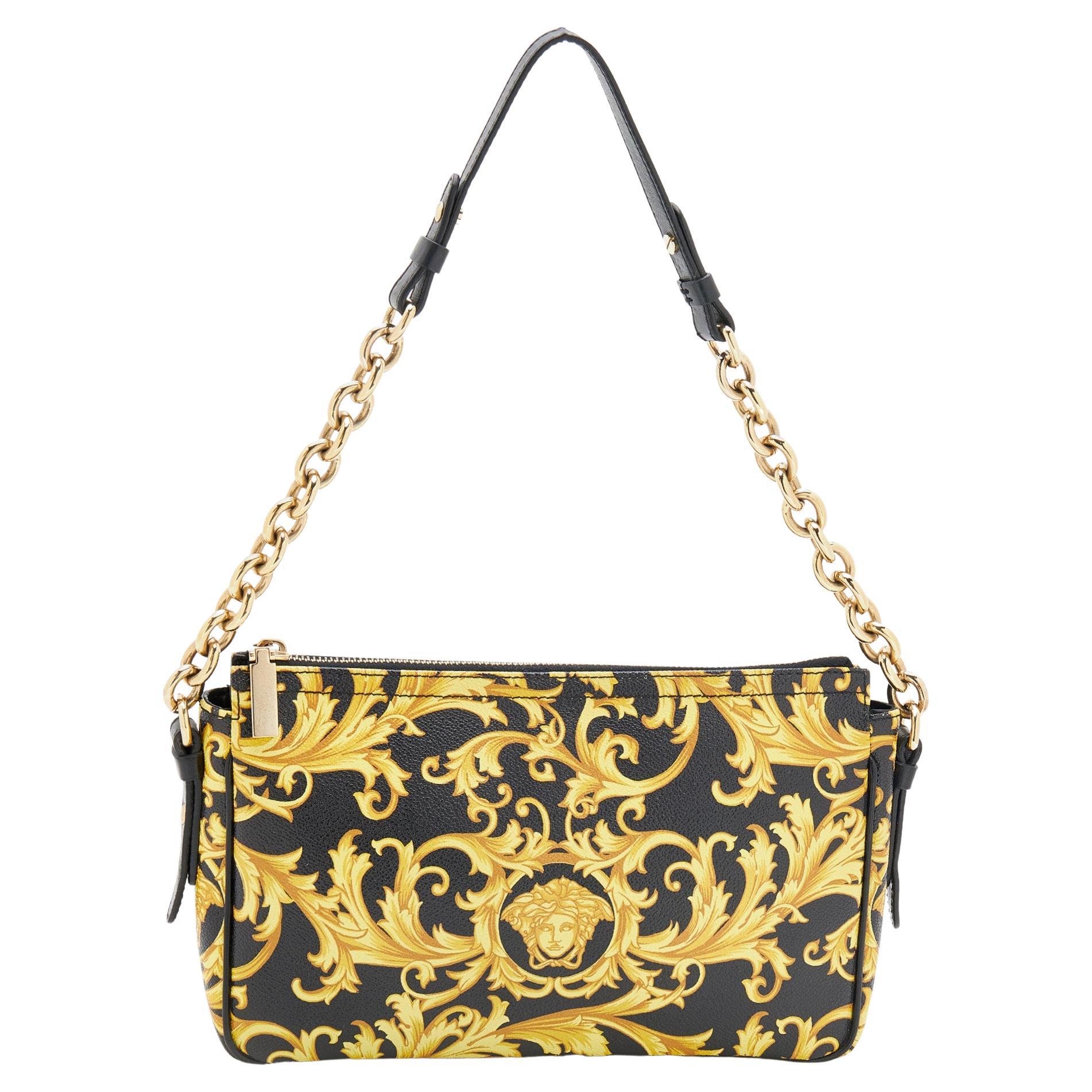 Versace Black/Yellow Barocco Medusa Print Leather Chain Shoulder Bag