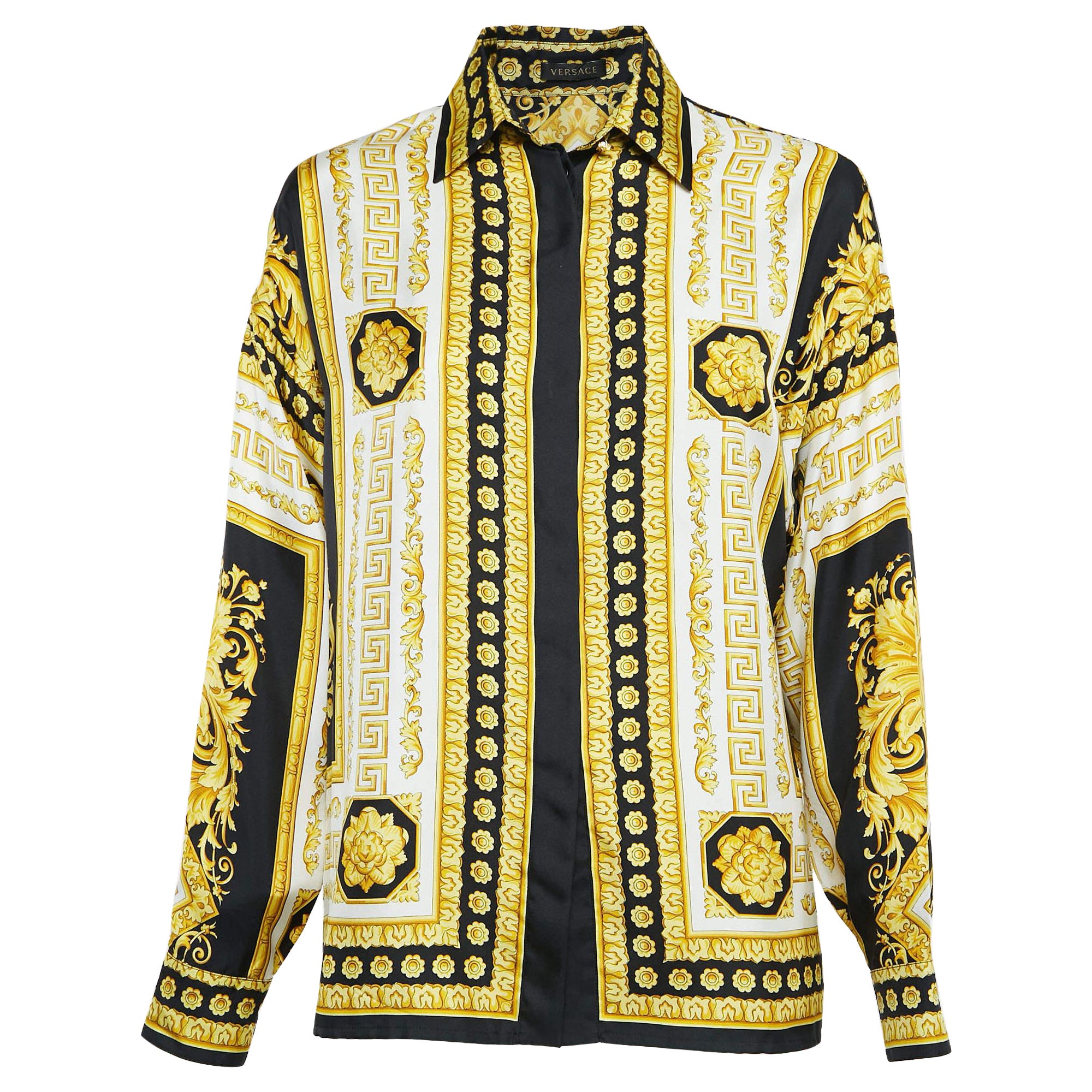 Versace - Chemise à manches longues en soie à imprimé baroque noir/jaune S