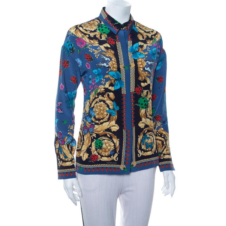 Versace Blue Baroque Butterfly and Ladybug Printed Silk Button Front ...