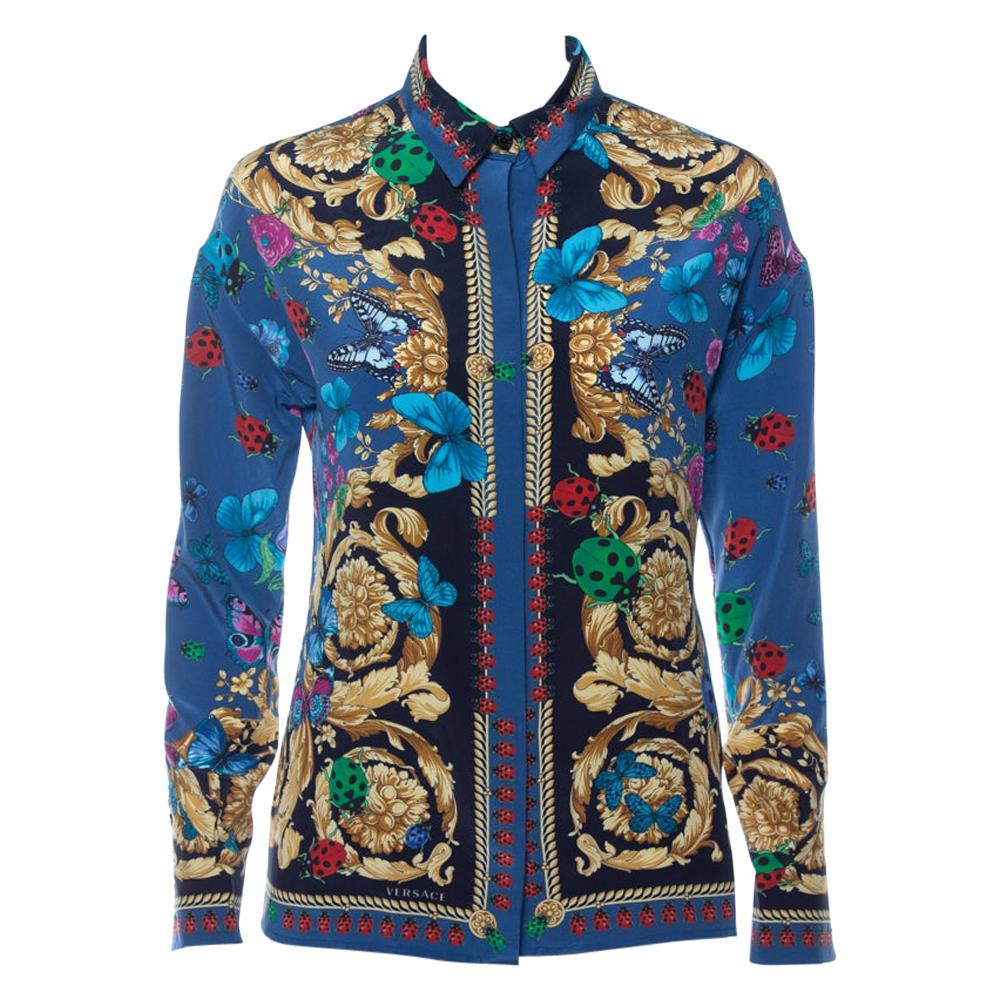 Versace Blue Baroque Butterfly & Ladybug Printed Silk Button Front Shirt S