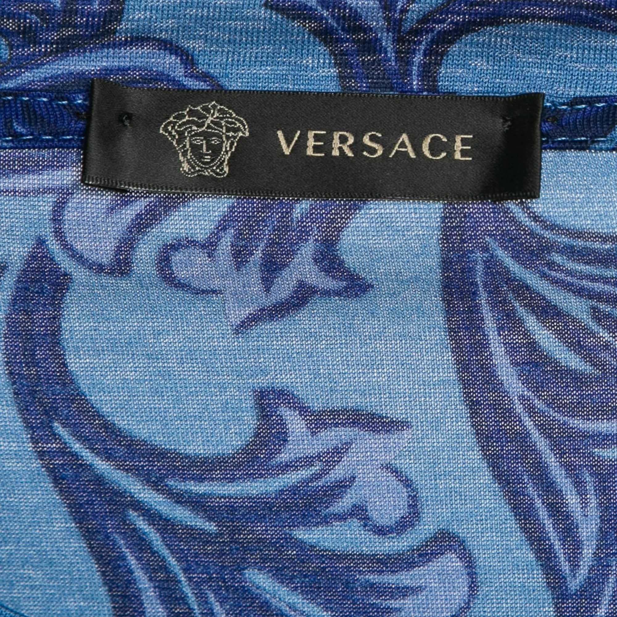 Men's Versace Blue Baroque Print Cotton Jersey Crew Neck T-Shirt XXL For Sale