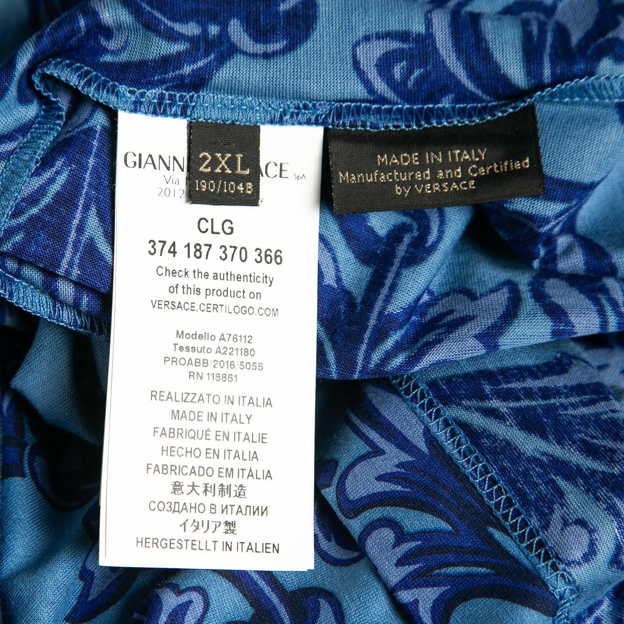 Versace Blue Baroque Print Cotton Jersey Crew Neck T-Shirt XXL For Sale 1