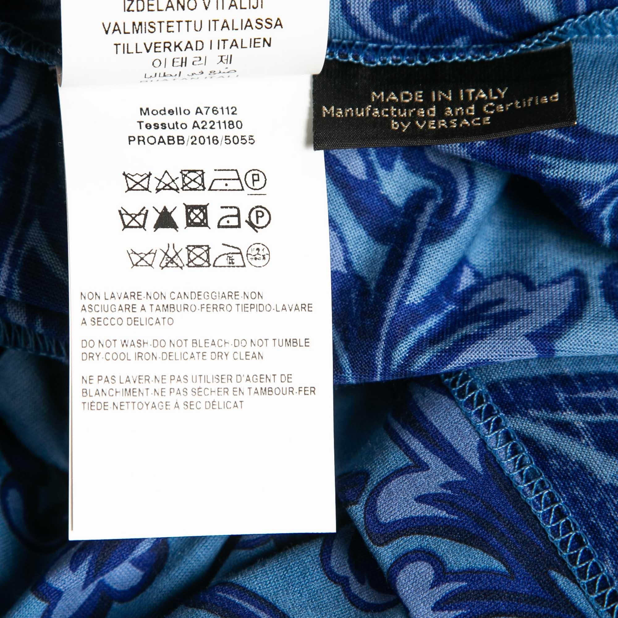 Versace Blue Baroque Print Cotton Jersey Crew Neck T-Shirt XXL For Sale 2