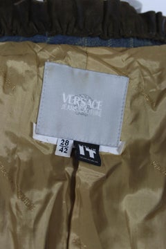 Versace Blue Beige Pinstripe Cotton Leather Jeans Jacket 2000s
