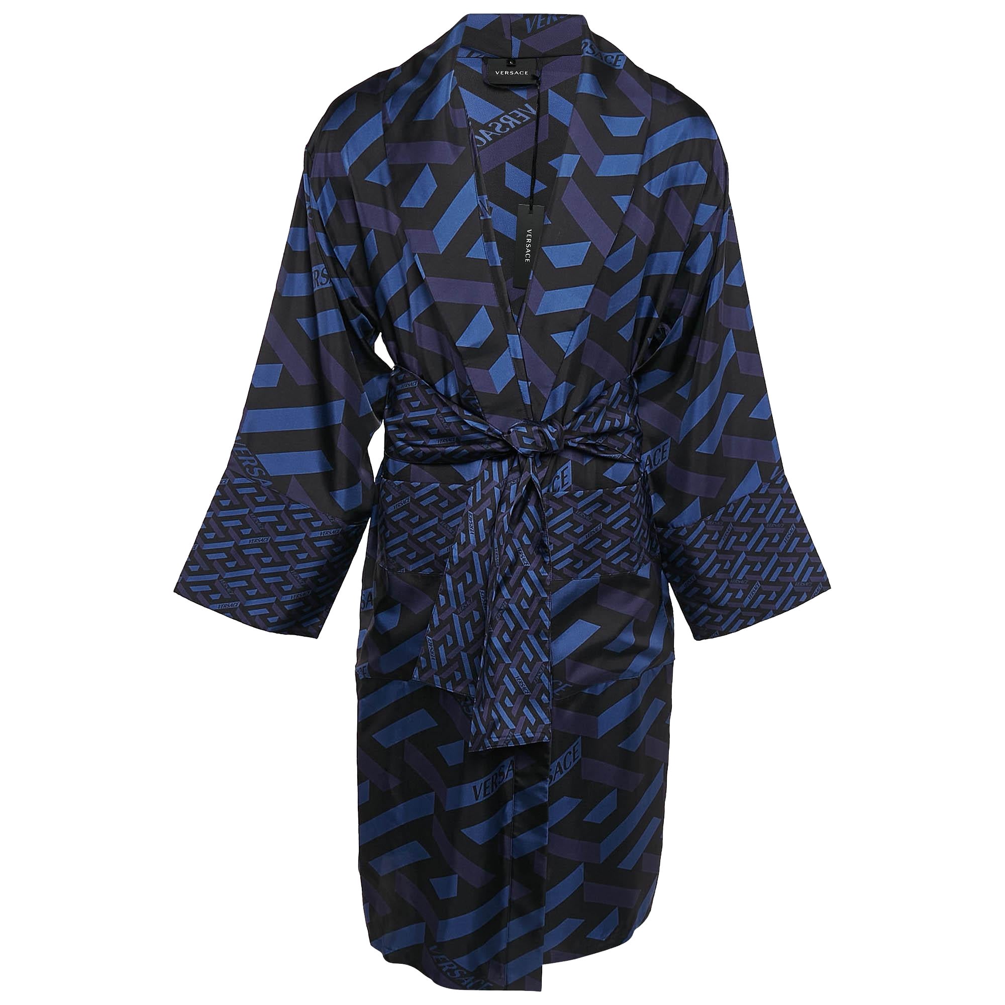 Versace Blue/Black Geometric Print Silk Robe L
