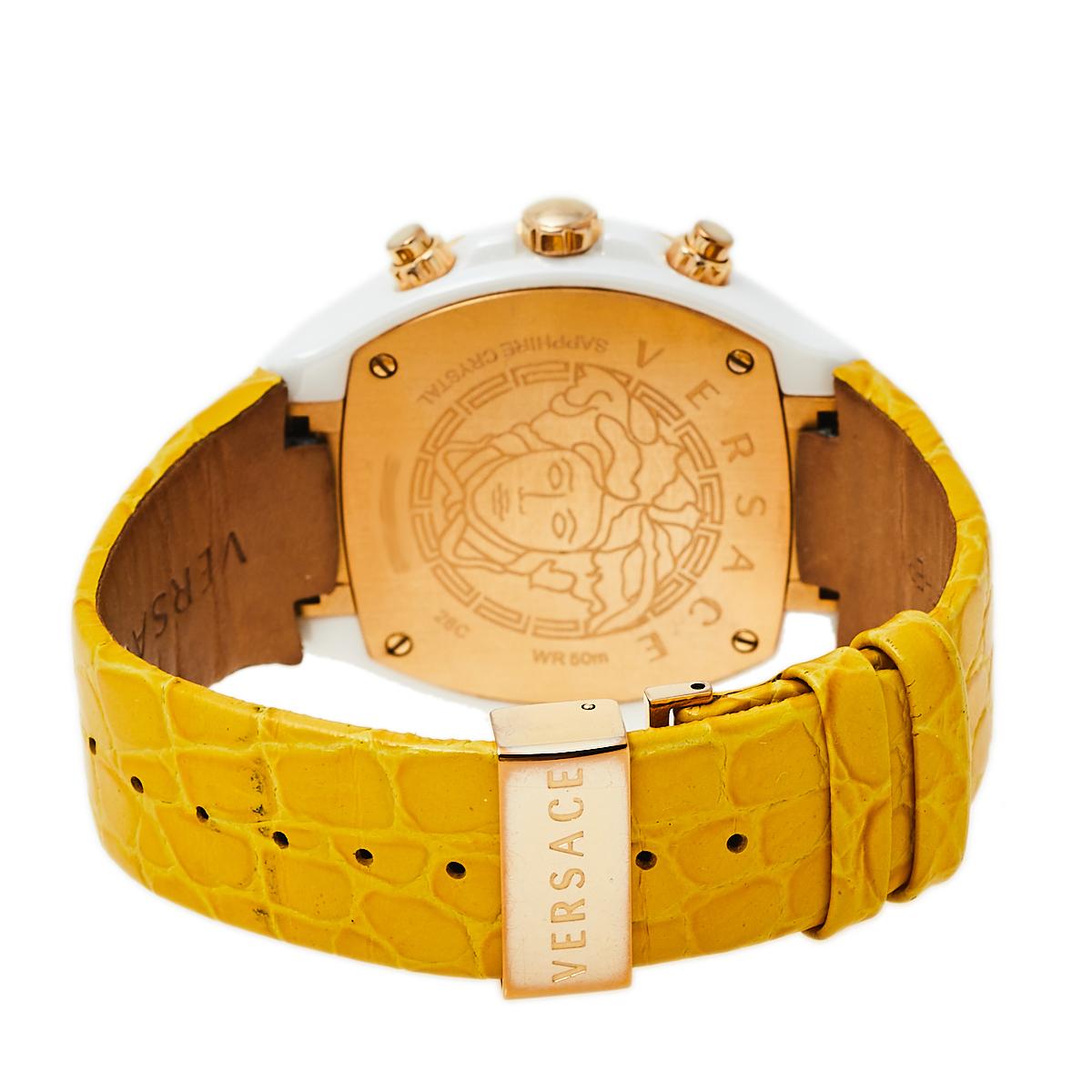 Contemporary Versace Blue Ceramic Tone Stainless Steel Leather Women's Wristwatch 42 mm
