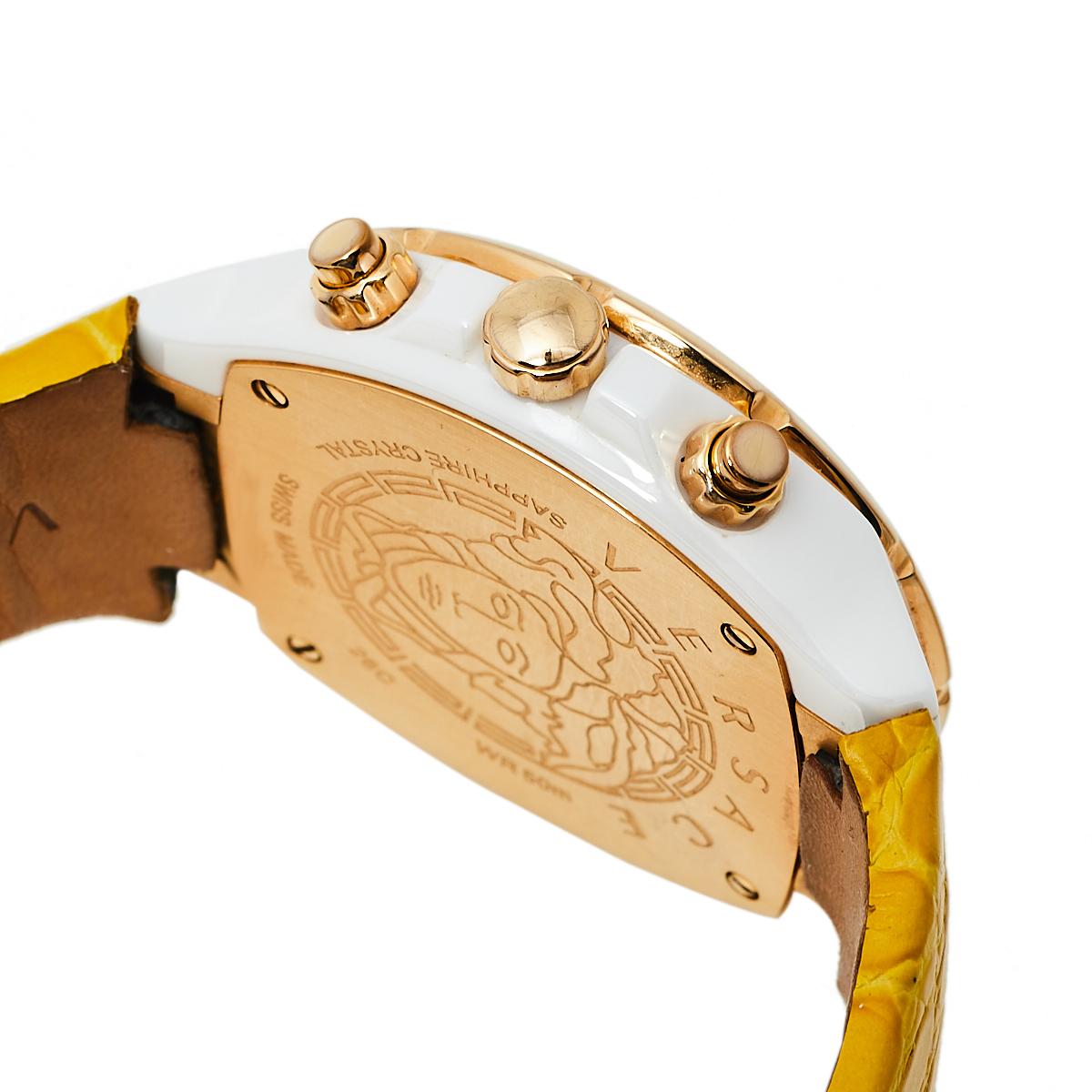 Versace Blue Ceramic Tone Stainless Steel Leather Women's Wristwatch 42 mm In Good Condition In Dubai, Al Qouz 2