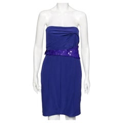Versace Blue Crepe Embellished Detail Strapless Mini Dress M