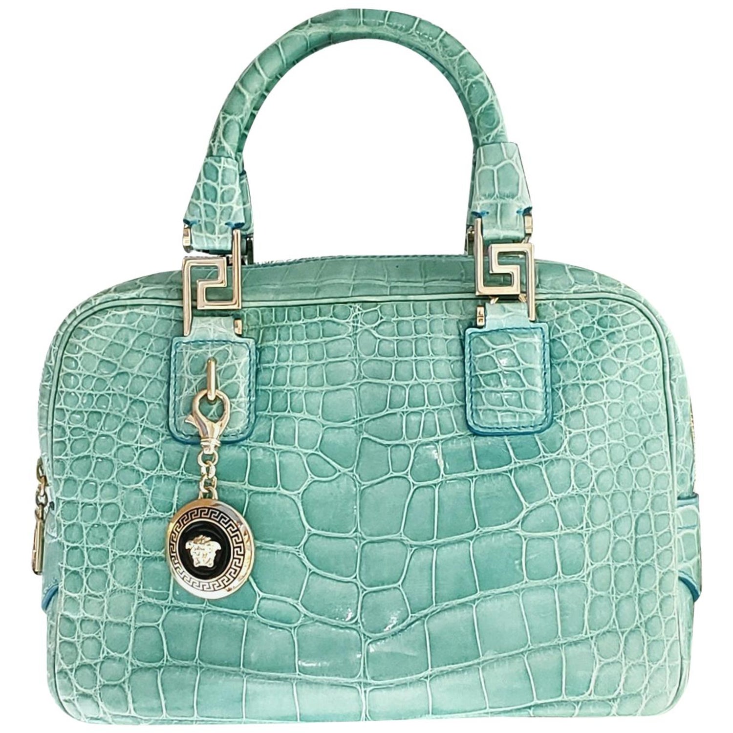 $4,250 NEW VERSACE PERFORATED PATENT LEATHER AND SNAKESKIN BAG