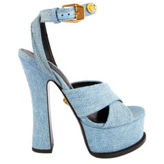 Versace Blue Denim High Heel Platform Sandal With Gold Tone Hardware Size 36.5