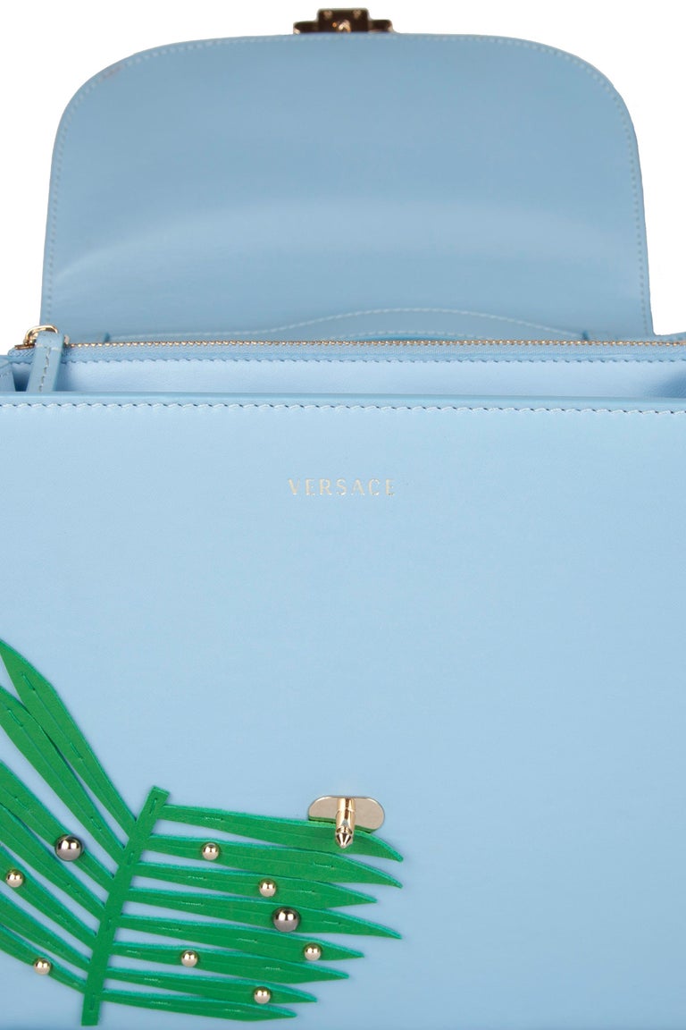 Versace Blue DV One Palm Frond Studded Leather Top Handle Bag w