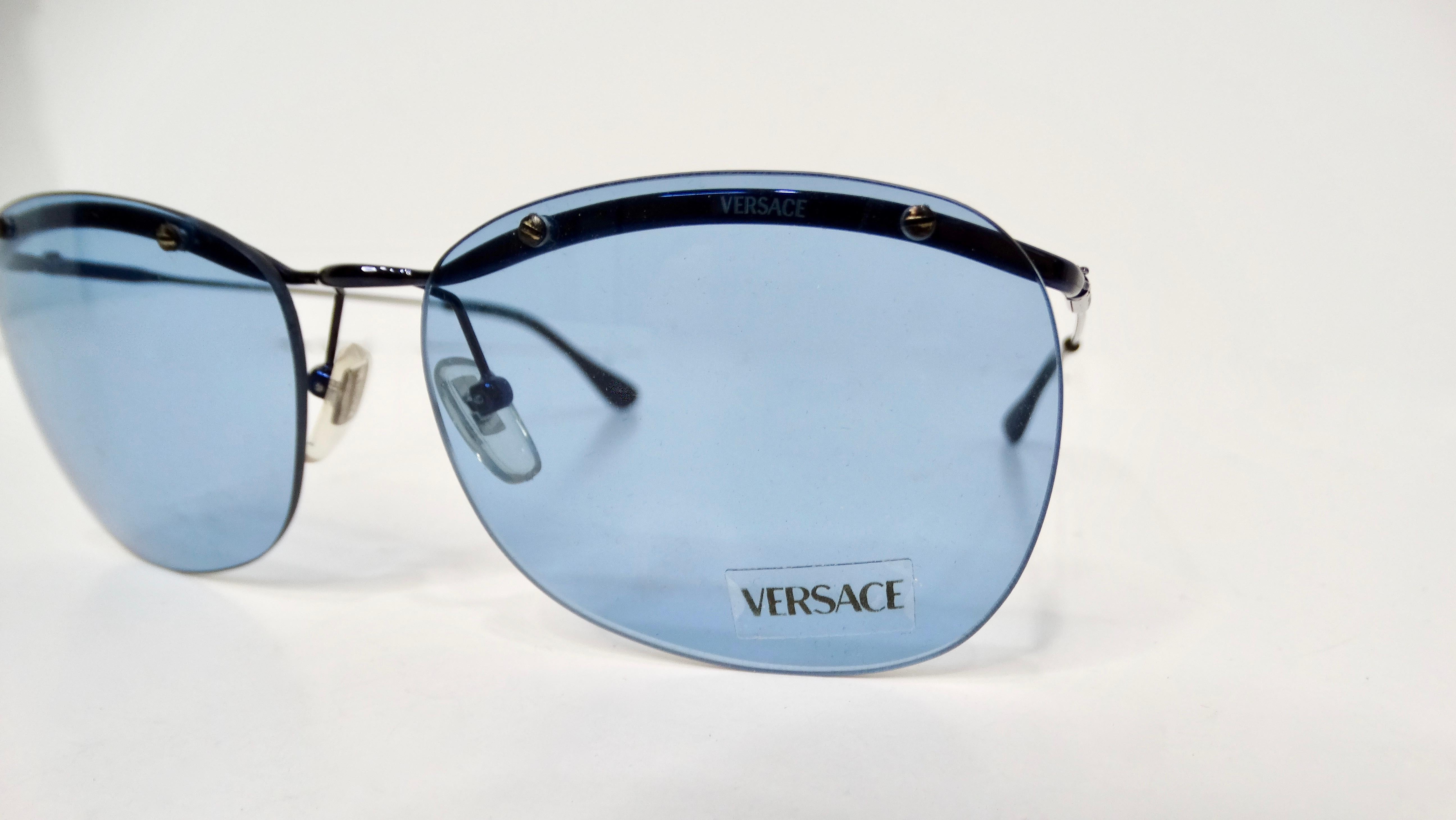 Versace Blue Frameless Aviator Sunglasses circa 1990s In Good Condition For Sale In Scottsdale, AZ