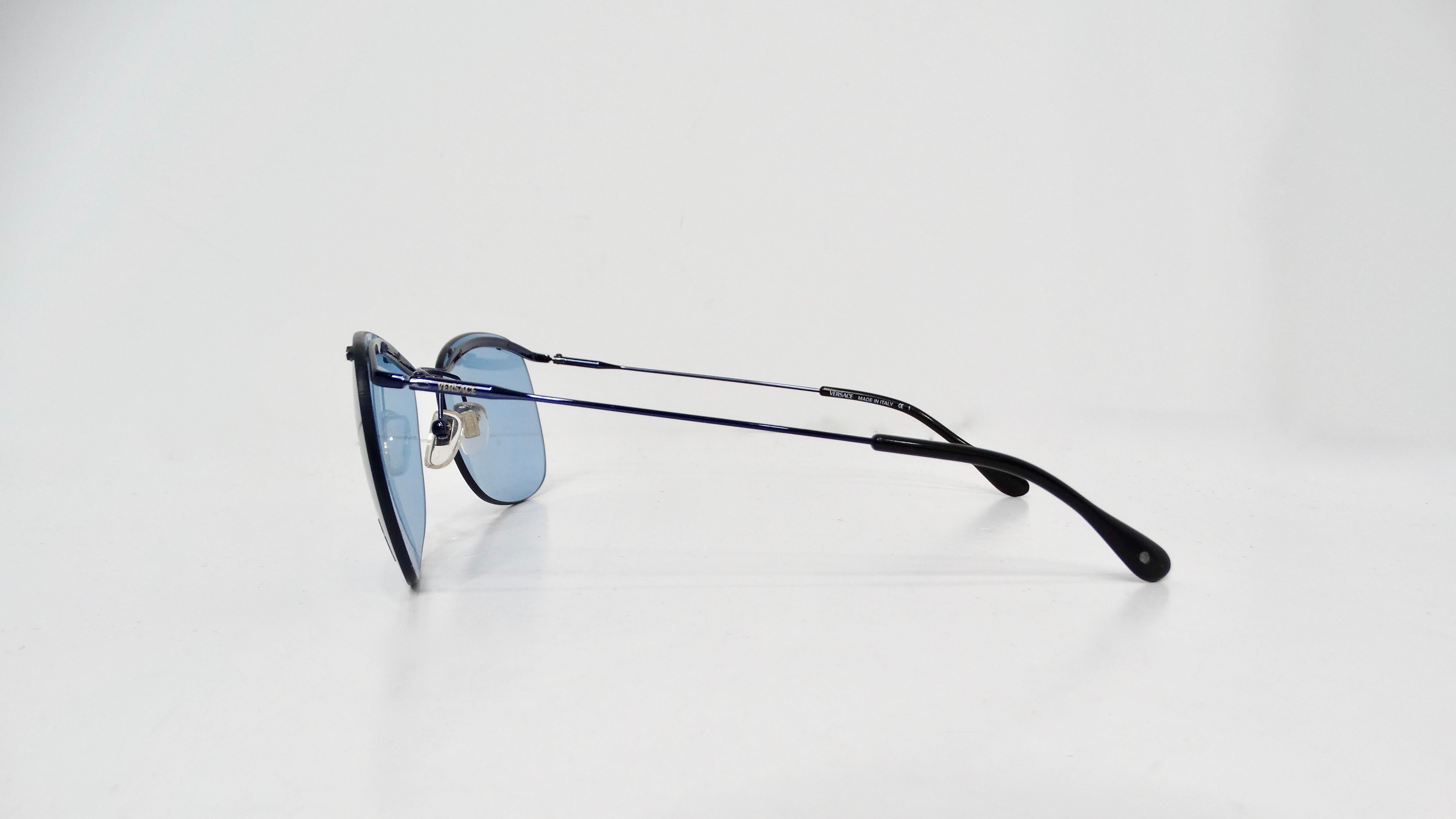Women's Versace Blue Frameless Aviator Sunglasses circa 1990s For Sale