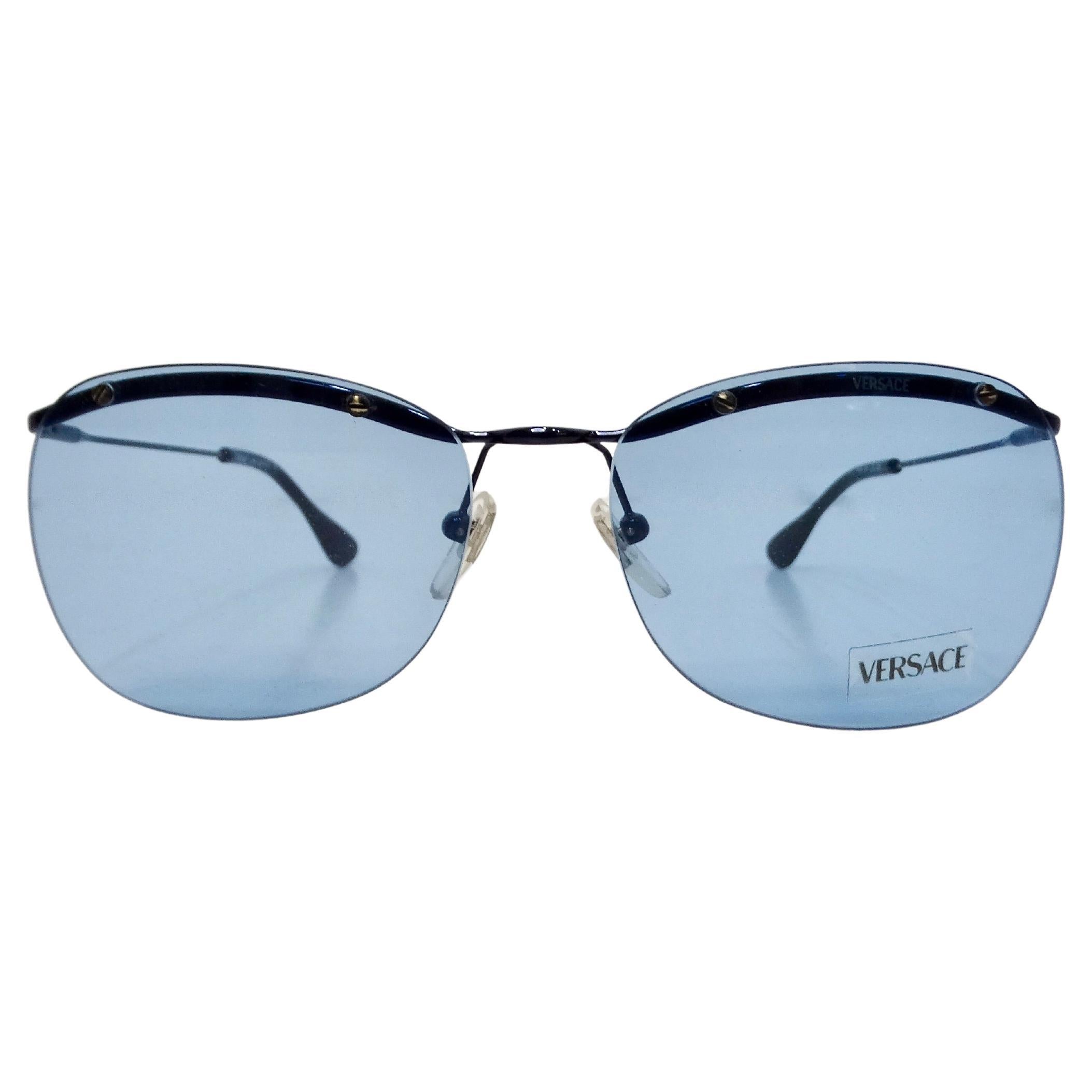 Versace Blue Frameless Aviator Sunglasses circa 1990s For Sale
