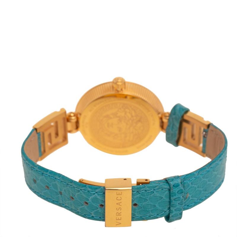 This Versace quartz wristwatch will surely be a great addition to your casual style. The case of the watch is made from gold-plated stainless steel and set on a leather strap. It has signature engravings on the bezel and on the blue dial, there are