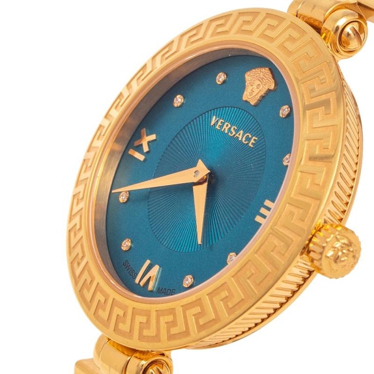 Versace Blue Gold Plated Stainless Leather V-Signature Women's Wristwatch  35 mm at 1stDibs | fake versace watch vs real, versace watch fake, versace  blue and gold watch