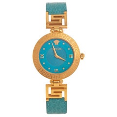 Versace Blue Gold Plated Stainless Leather V-Signature Women's Wristwatch 35 mm
