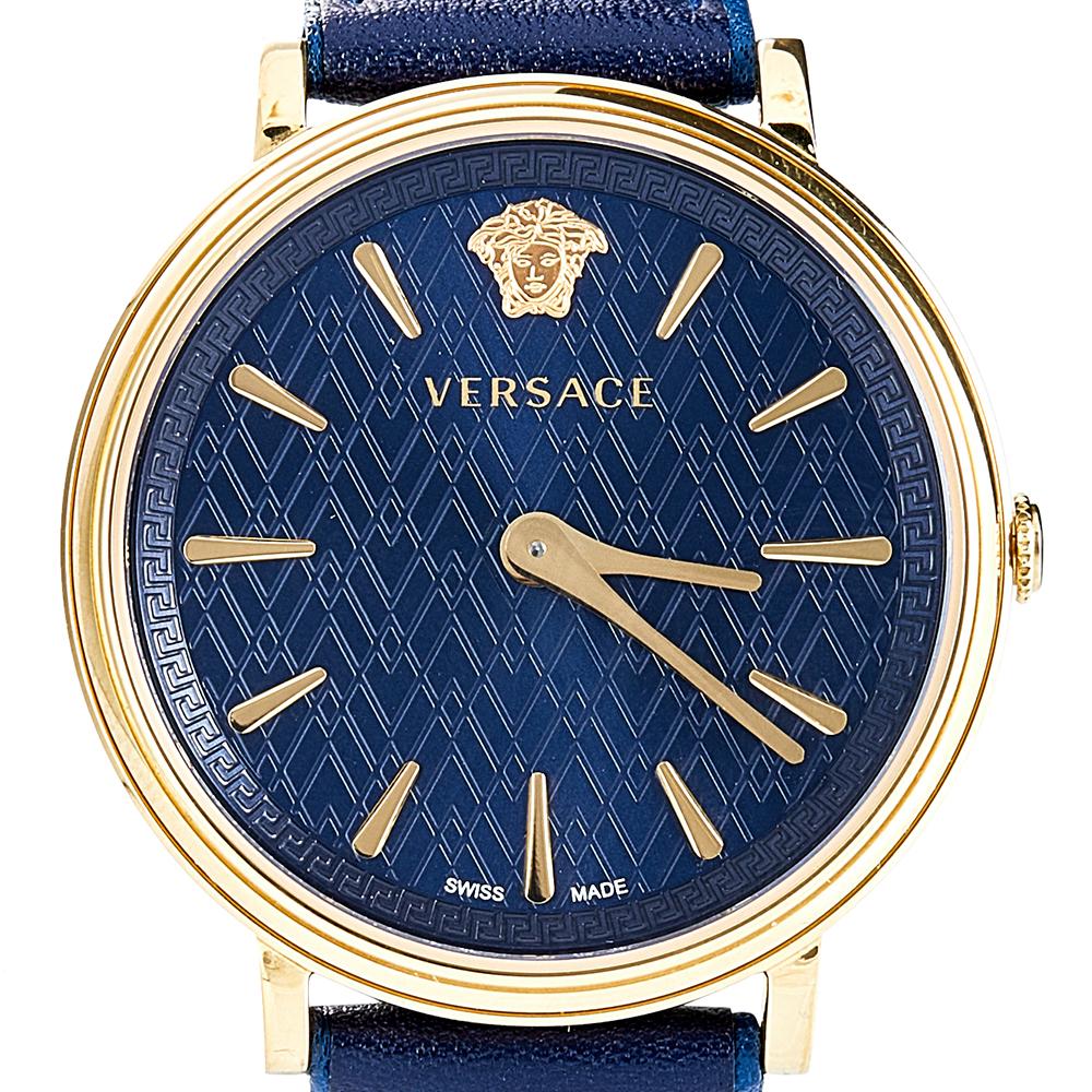 Contemporary Versace Blue Gold Plated Stainless Steel Leather V-Circle Womens Wristwatch 38mm