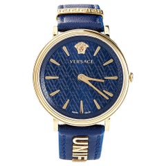 Versace Blue Gold Plated Stainless Steel Leather V-Circle Womens Wristwatch 38mm
