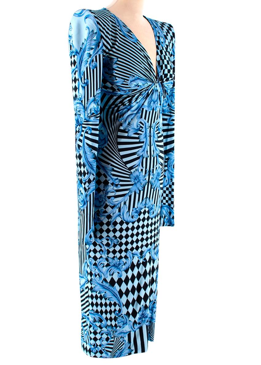 Versace Blue & Black Baroque Print Draped Dress

- Made of a soft jersey 
- Gorgeous baroque print 
- Blue and black hues 
- Draped detail to the chest
- Shoulder pads 
- V shaped neckline 
- Long sleeve 
- Zip fastening to the back 
- Fully lined