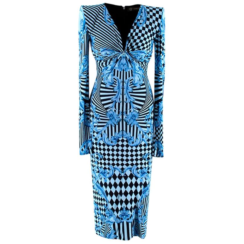 Versace Blue Harlequin Baroque Print Draped Dress - Size US 2 For Sale