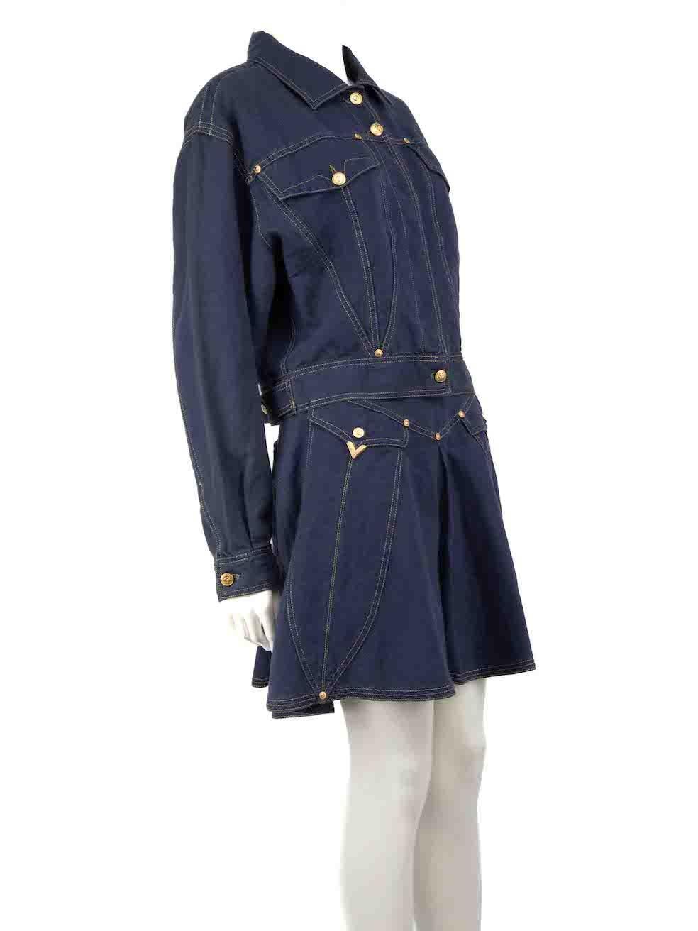 CONDITION is Very good. Hardly any visible wear to set is evident on this used Versace designer resale item.
 
 
 
 Details
 
 
 Blue
 
 Linen
 
 Jacket and skirt set
 
 Yellow contrast stitch
 
 Cropped jacket
 
 Button up fastening
 
 Long