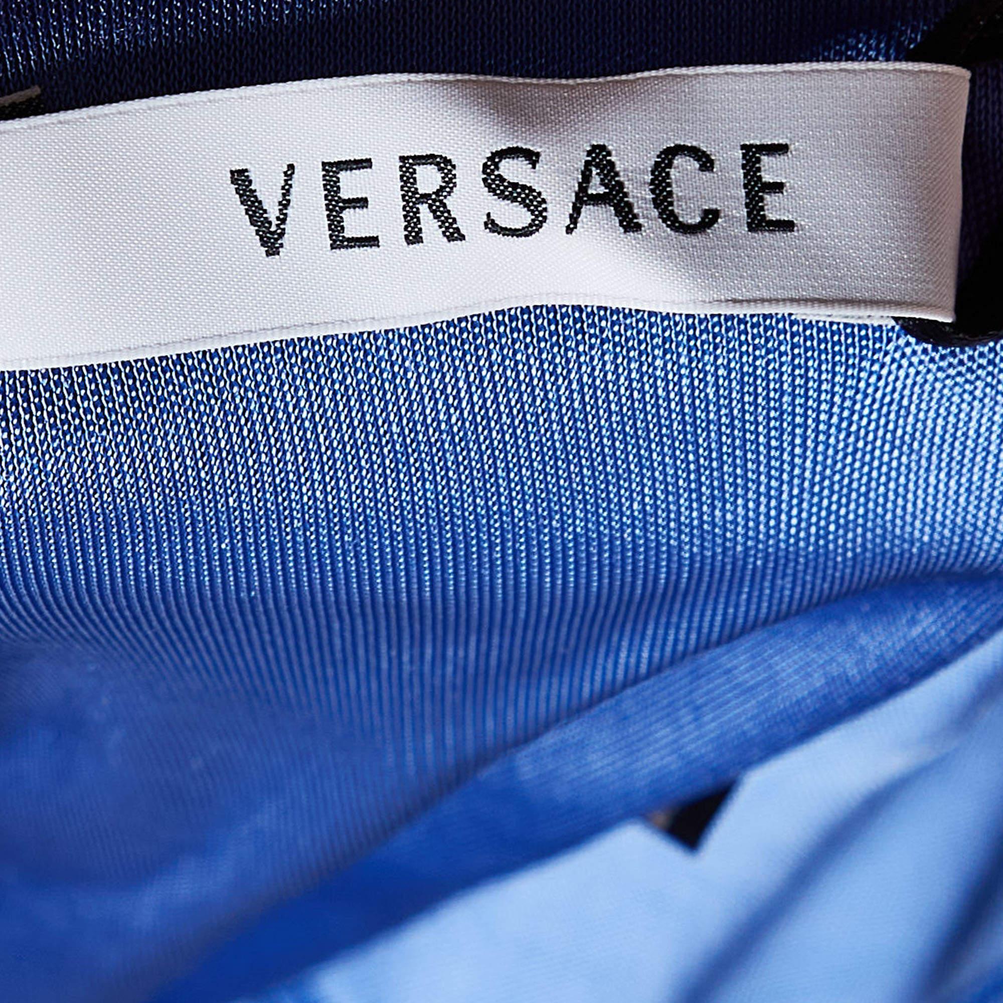 Women's Versace Blue Jersey Crystal Greca Embellished Tank Top M For Sale