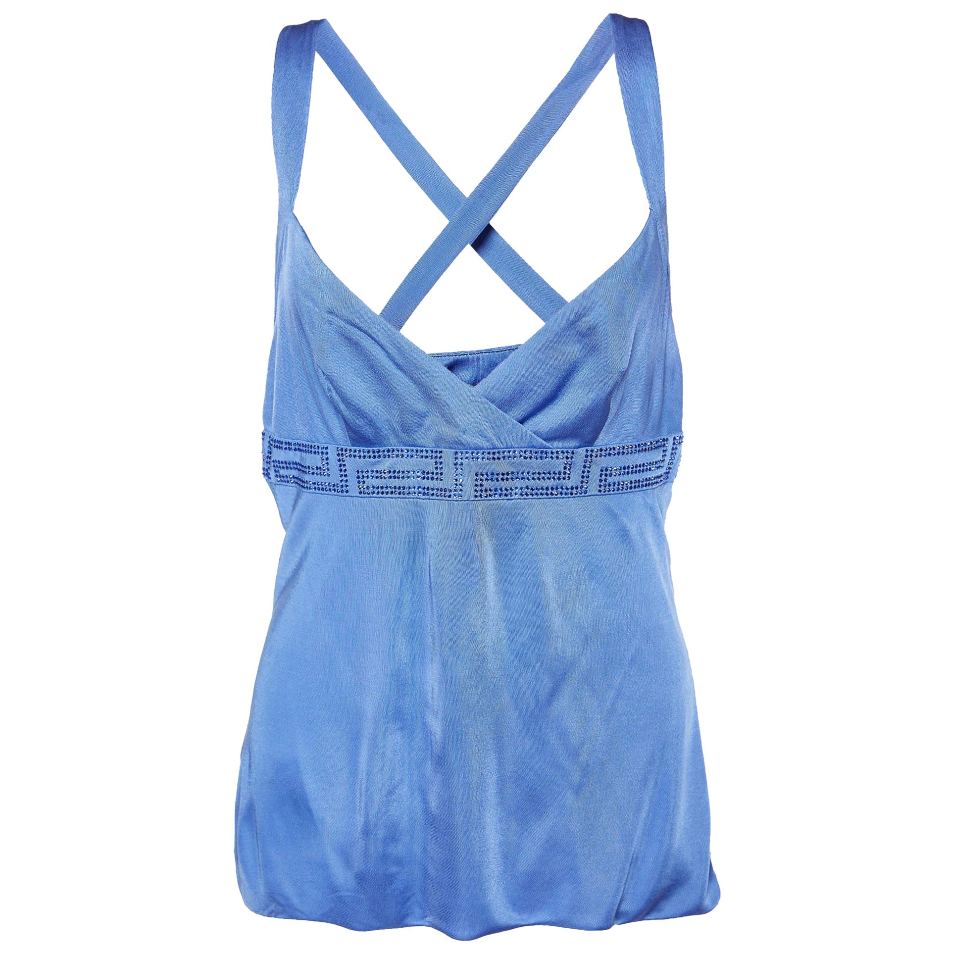 Camiseta de tirantes de punto azul Versace con adornos de cristal Greca M