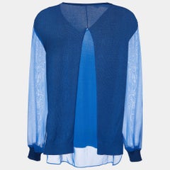 Versace Blue Knit & Chiffon Paneled V-Neck Jumper XXS