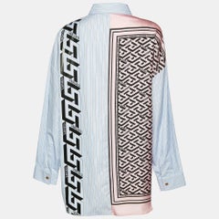 Versace Blue La Greca Striped Silk & Cotton Paneled Shirt L