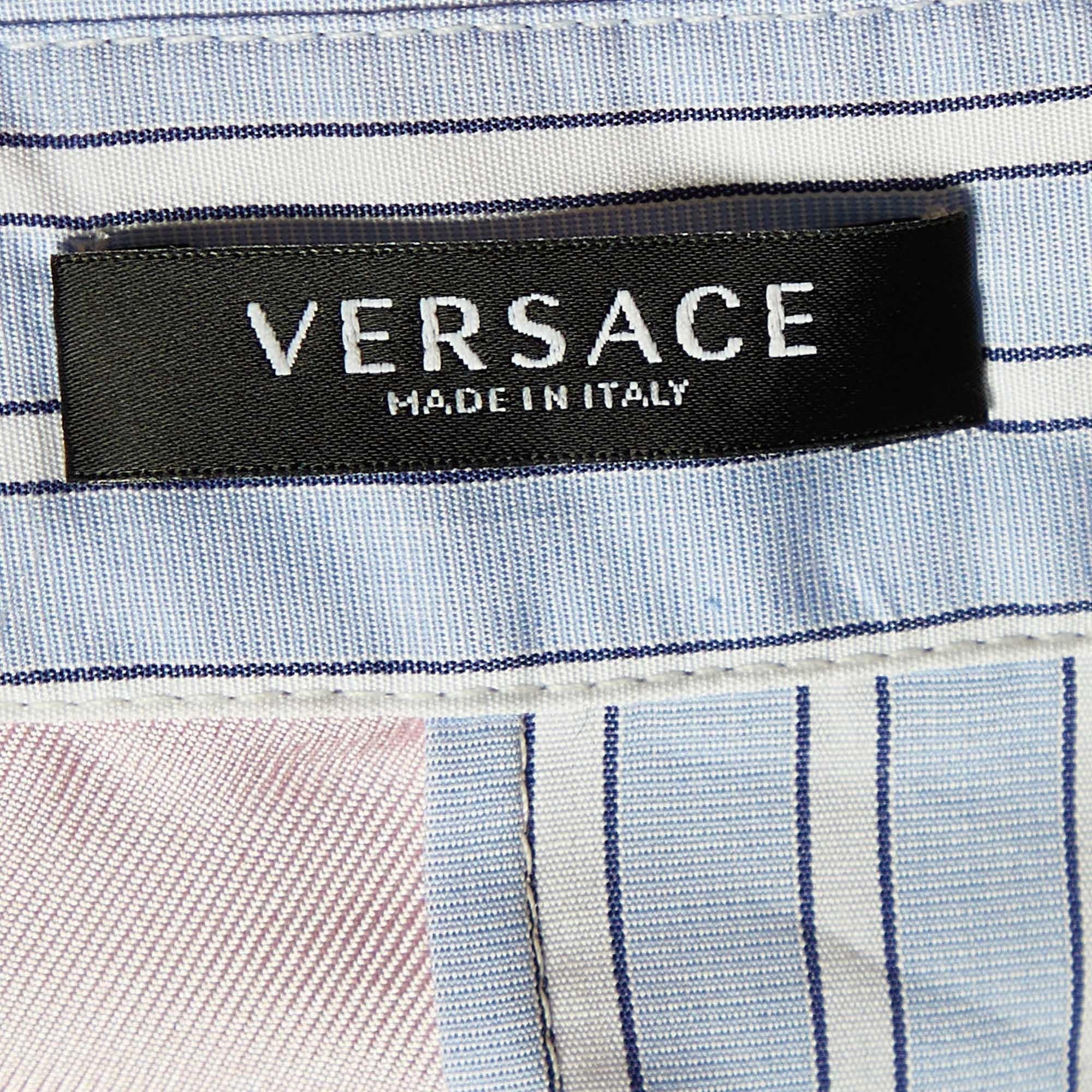 Women's Versace Blue La Greca Striped Silk & Cotton Paneled Shirt L For Sale